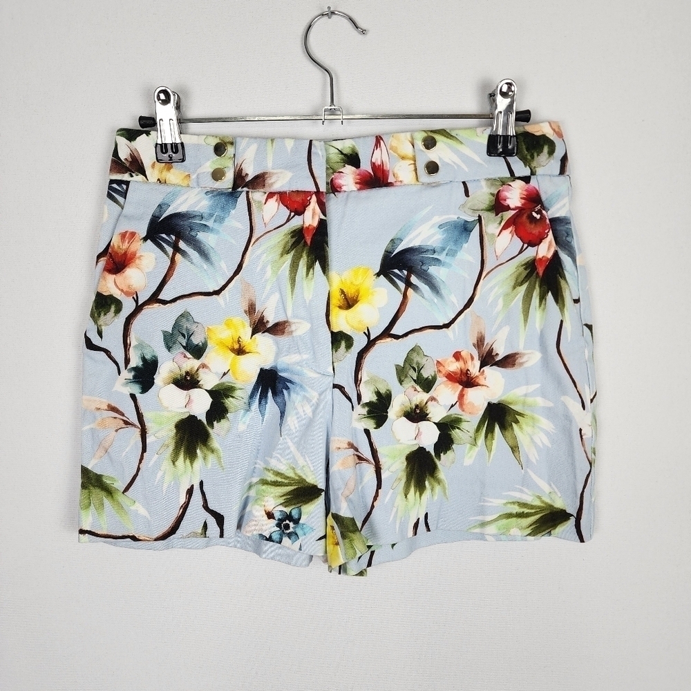 Zara Basic Tropical Floral High Waisted Shorts‎ Blue Cotton Size Small